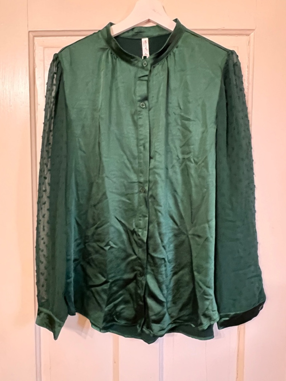 ePretty Emerald Green Satin Blouse with Mandarin Collar & Swiss dot sleeves